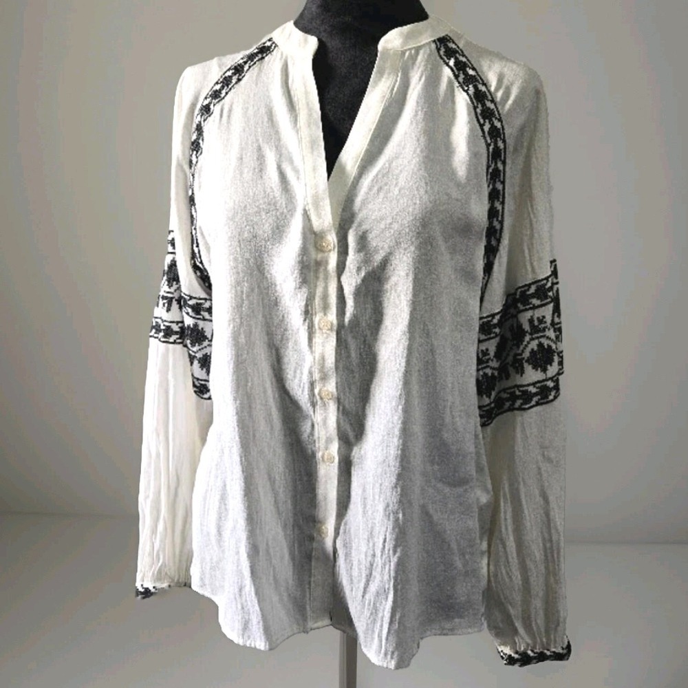 ZARA Women's Off‎ White button up Blouse Peasant Embroidered Boho Chic Sz S